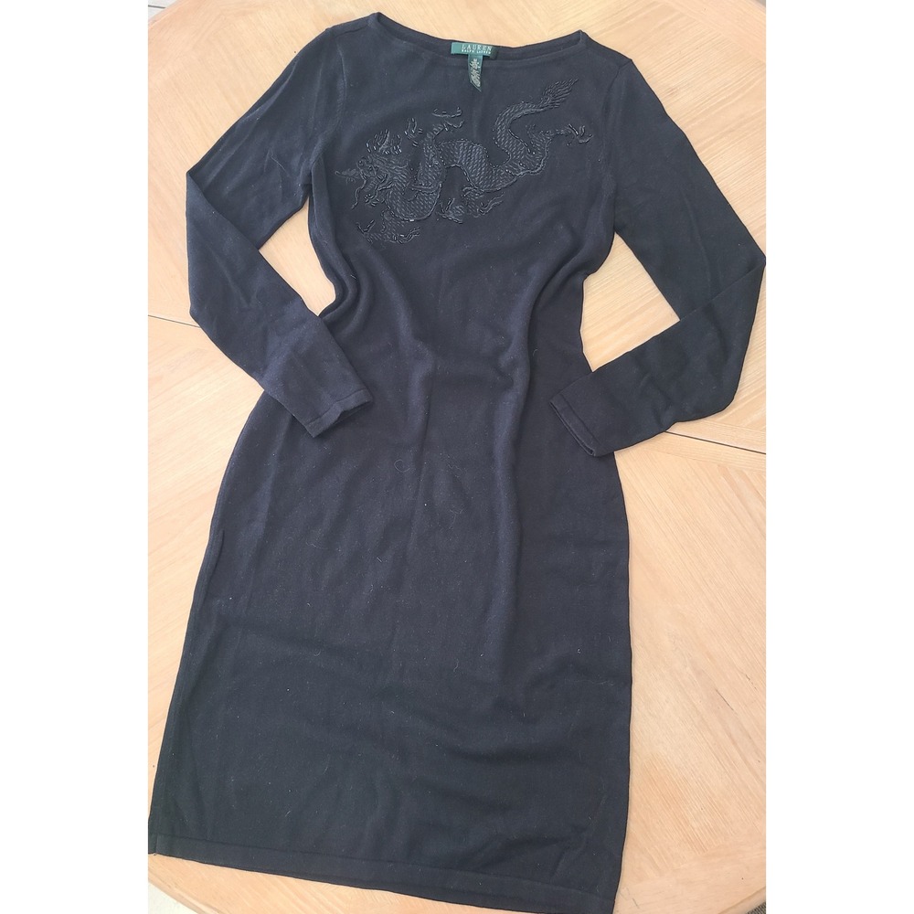 Lauren Ralph Lauren Dress Womens Medium Black Silk Blend Beaded Dragon Good